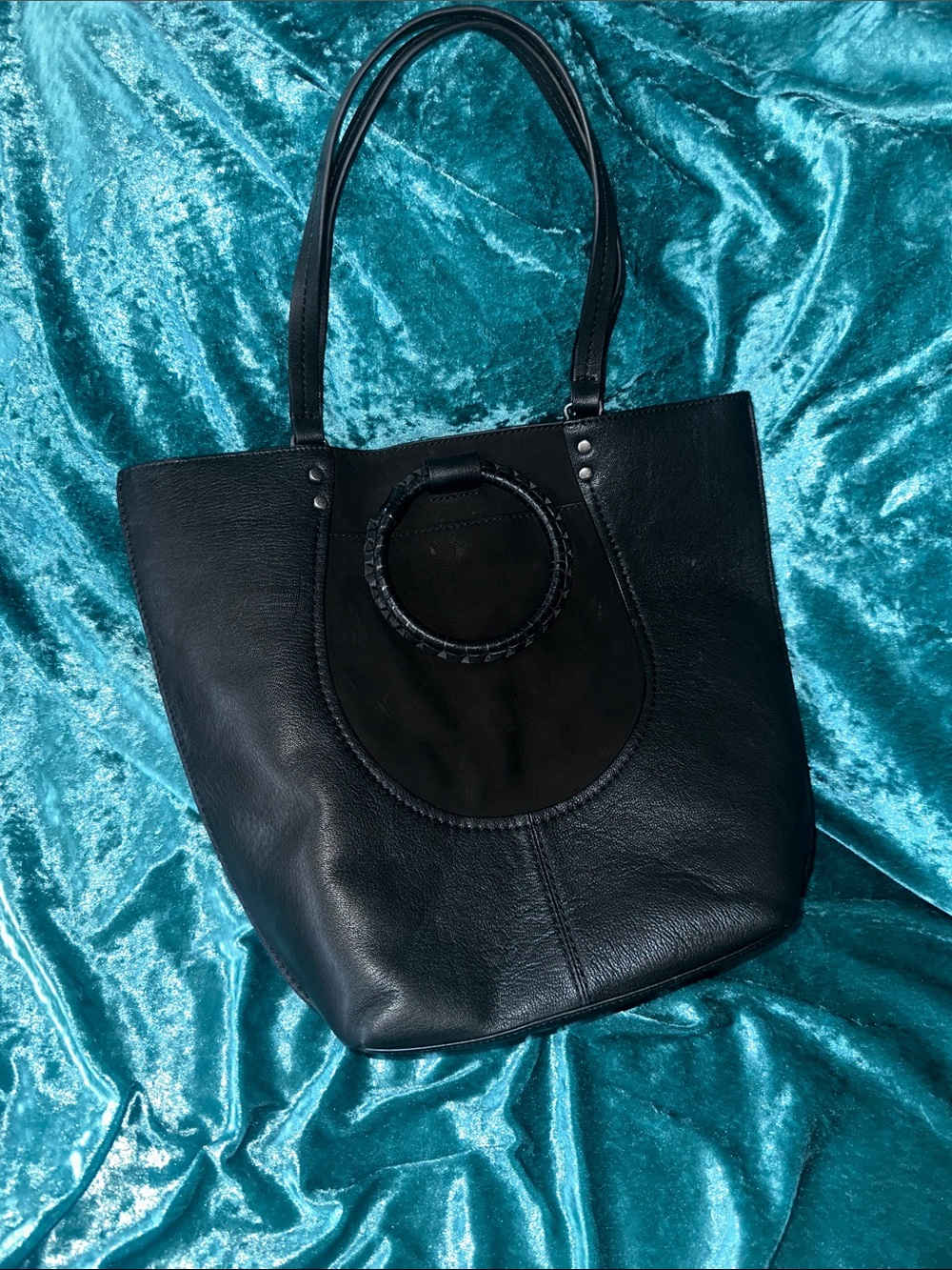 Lucky Brand Black Leather Tote with Circular Accent Handle
